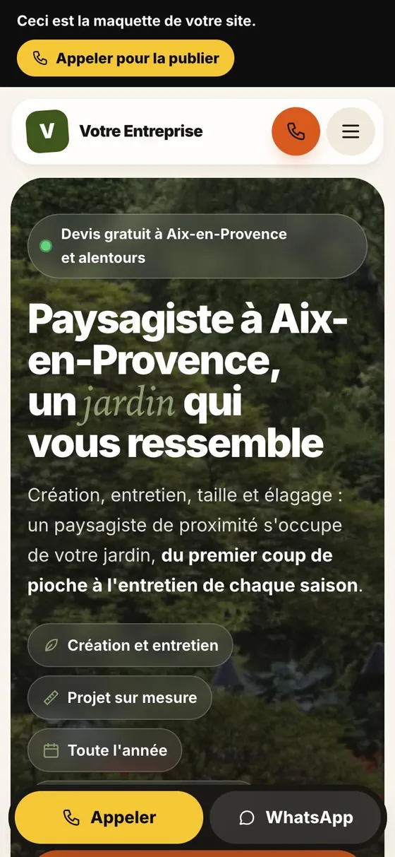 Site internet créé par IA pour un paysagiste, vu sur téléphone