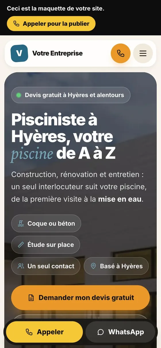 Site internet créé par IA pour un pisciniste, vu sur téléphone